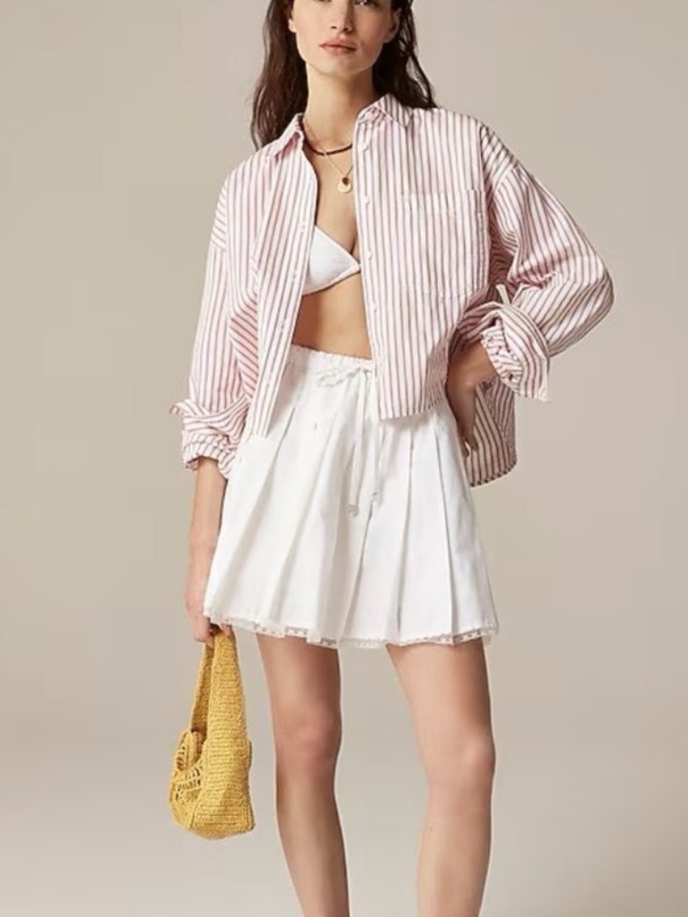 J. CREW Pleated Tie Waist Mini Skirt Lace Trim White Cotton XL NEW $98